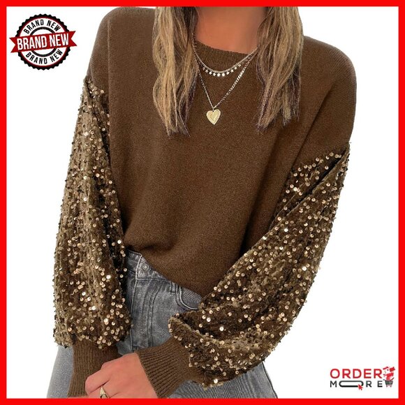 Sequin Patchwork Pullover Sweater Long Sleeve Crewneck Soft Stretchy Material